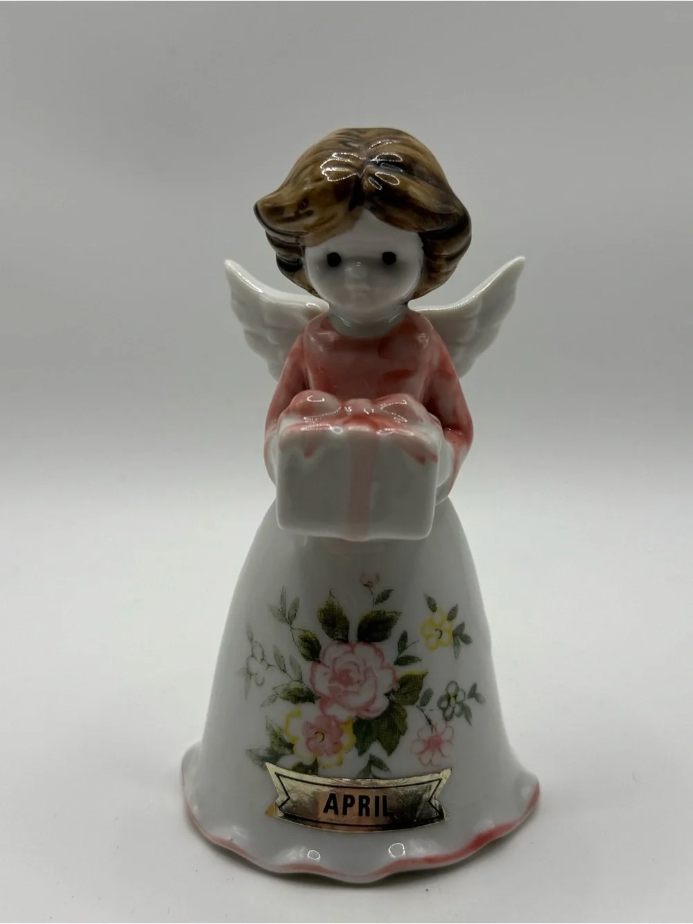 VTG April Birthday Angel Bell Figurine Pink Floral Kitsch Cottagecore Coquette